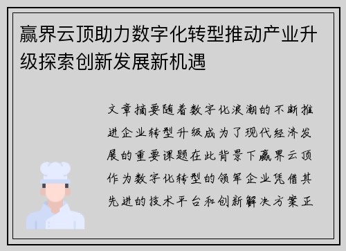 赢界云顶助力数字化转型推动产业升级探索创新发展新机遇